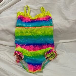 C & R Beachwear 4t rainbow ruffled one piece swim suit euc tye dye